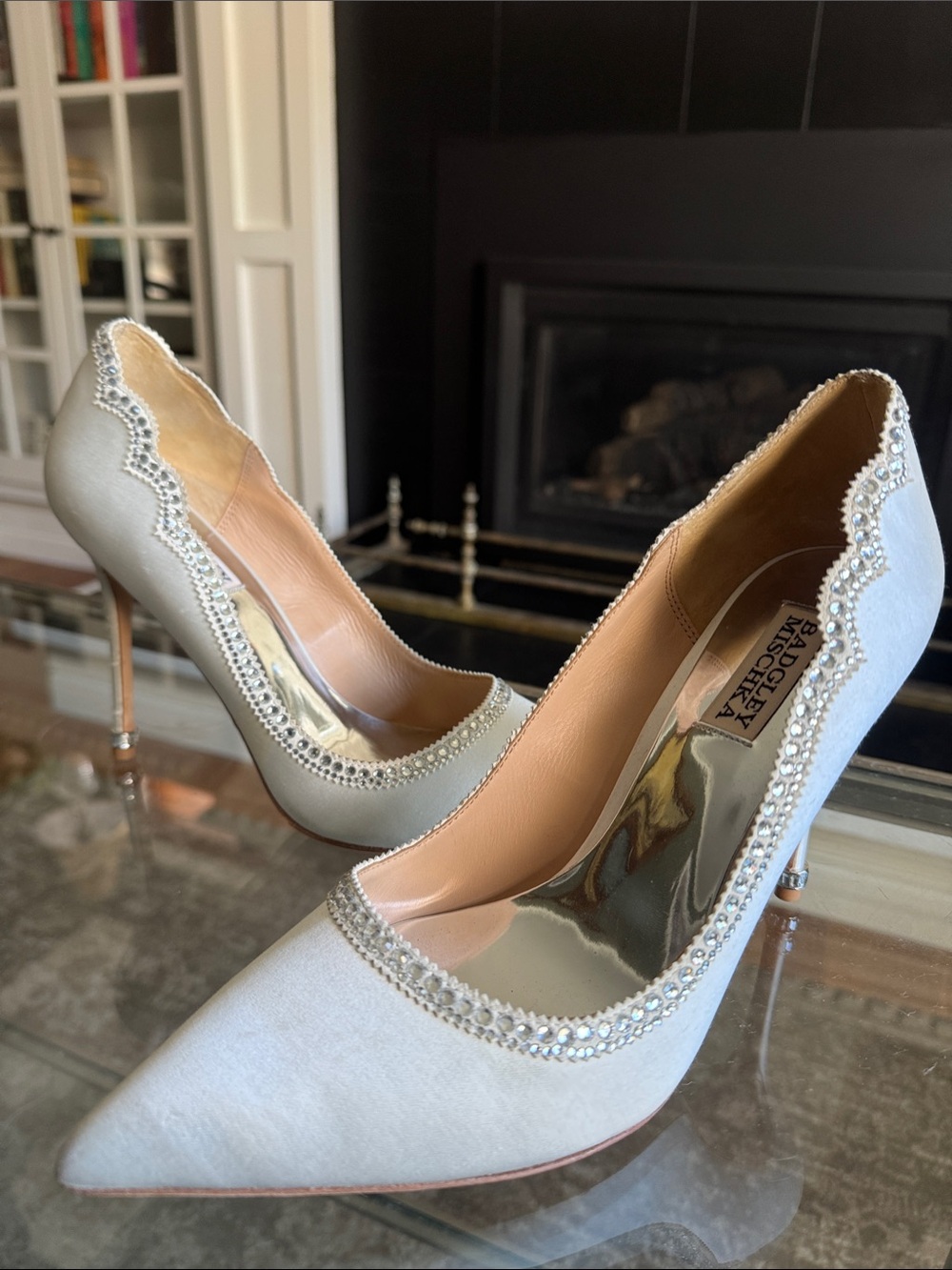 Badgley Mischka Ivory Crystal-Trim satin Pointed Pump Heel